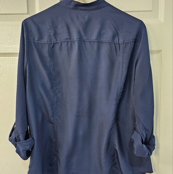 Anne Klein Navy Blue Blouse with White Trim gold Zipper Tabbed Sleeves Large - Picture 5 of 15